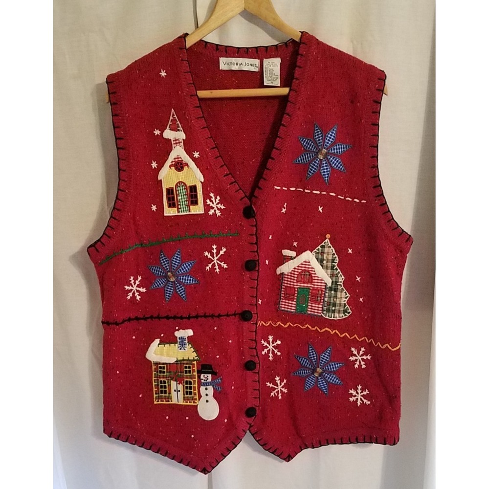 Victoria Jones Vest Christmas Scene Design Knit Red‎ Multi Buttons Size XL Vtg